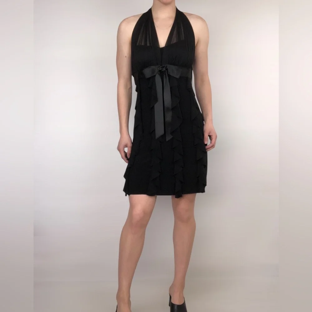 Vintage Y2K Betsy & Adam Halter Ruffle Bow Mini Black Dress Size 6